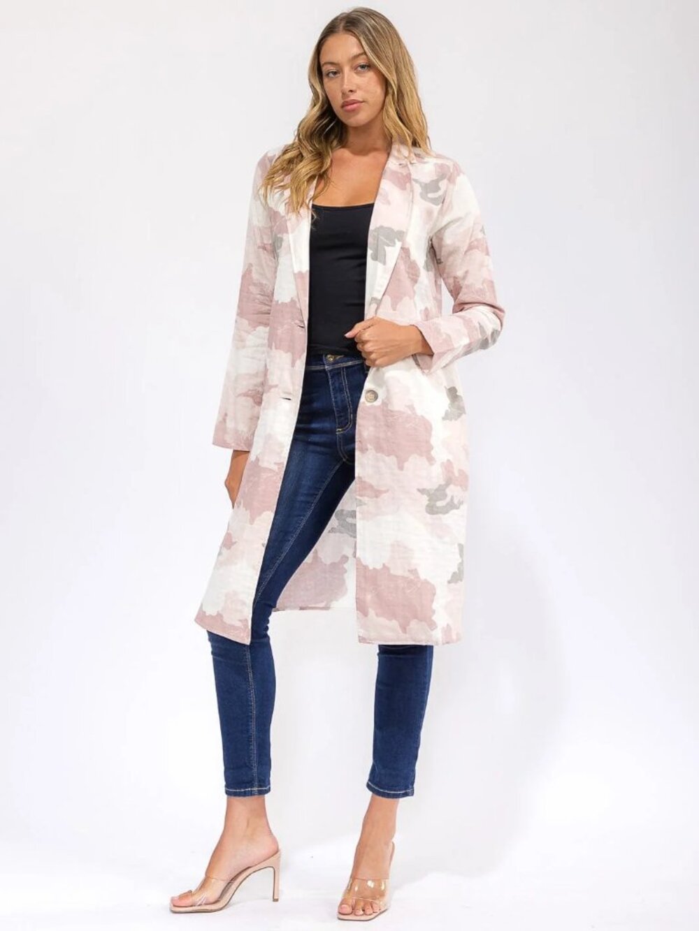 LONG SLEEVE BUTTON CLOSURE FRONT POCKETS CAMO PRINT COAT Pink NEW
